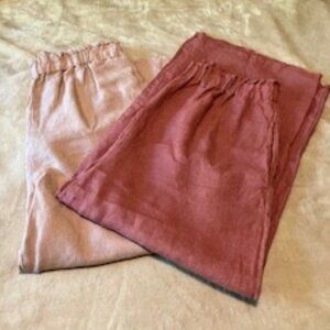 XL Bundle of 2 Linen gaucho pants, wide elastic waist 32-40", tan and rust